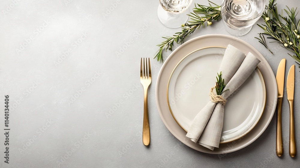 Poster visually clean and elegant layout showcasing ceramic dinner plates folded napkins and silverware on 