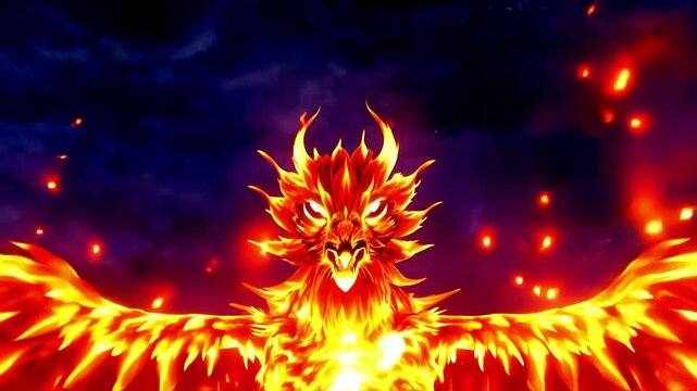 Immersive animation of a mythical phoenix taking flight, engulfed in flames, against a dark, starry backdrop. Immersive appeal