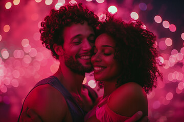 Happy young interracial couple at a fireworks display. Beautiful multiracial young people celebrating NYE celebration 2025