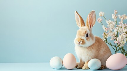 A cute bunny sitting beside pastel-colored eggs and white flowers, symbolizing Easter and the spring season's joy.