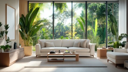 Bright and Airy Living Room with Large Windows Overlooking Lush Greenery and Tropical Plants
