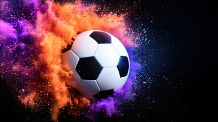 Fototapeta premium A dynamic soccer ball bursts through colorful splashes of orange and purple, capturing the energy and excitement of the game.