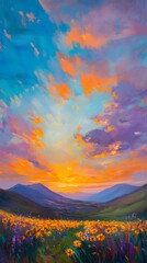 Sunflower field at sunset, an impressionist-style painting, with warm colors and soft brushstrokes, depicting the golden hues of sunflowers against an open sky