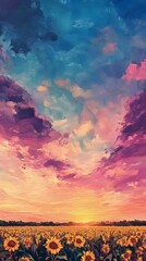 Sunflower field at sunset, an impressionist-style painting, with warm colors and soft brushstrokes, depicting the golden hues of sunflowers against an open sky