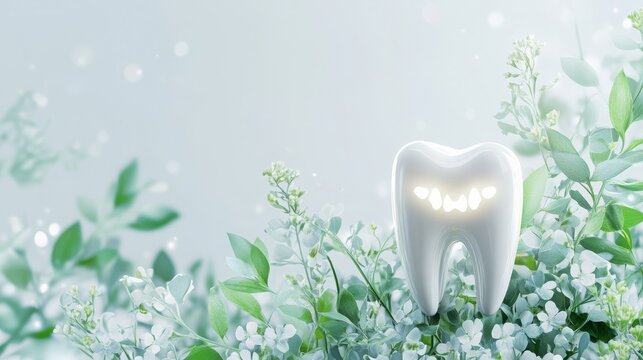 A calming dental background blending nature and oral health, with a glowing tooth icon surrounded by soft green leaves and flowers
