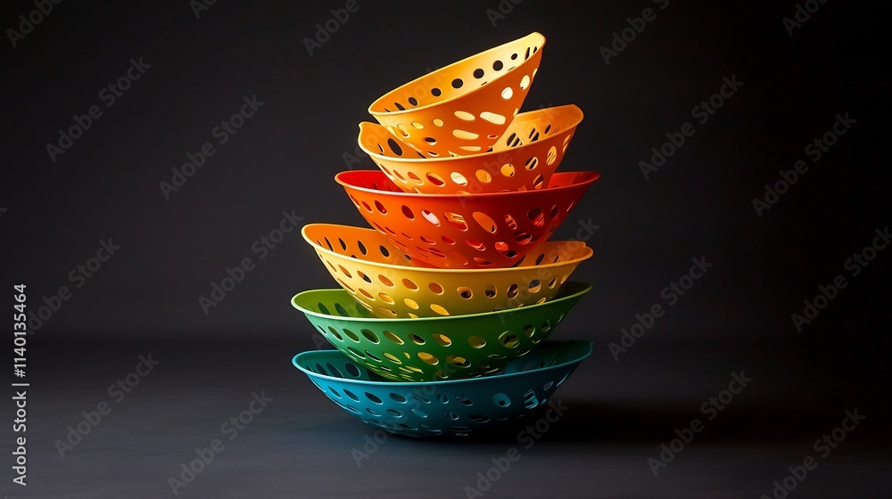 Poster colorful arrangement of cascading plastic colanders on a smooth minimalist surface creating a visual