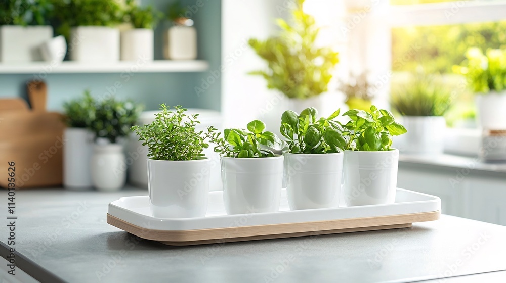 Poster beautifully arranged ceramic ramekins neatly displayed on a kitchen counter with soft elegant lighti