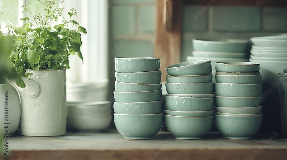 Poster a clean and elegant shot of neatly arranged ceramic ramekins on a kitchen counter with soft diffused