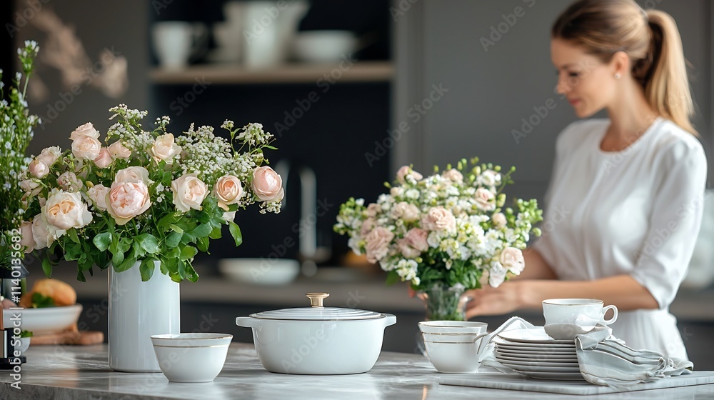 Poster beautifully arranged set of ceramic ramekins or small dishes neatly displayed on a kitchen counter w