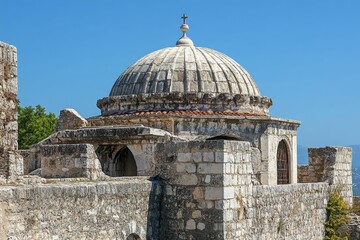 Fototapeta premium Stone structure, domed roof, cross detail, ancient, weathered.