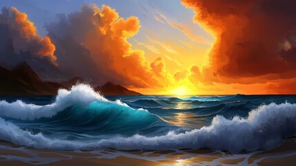 Fototapeta premium A vibrant sunset paints the sky in fiery oranges and reds, casting a warm glow on the ocean waves that crash onto a sandy shore, with dark mountains silhouetted against the dramatic backdrop.