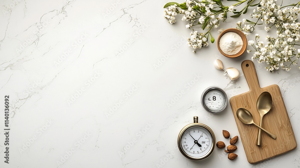 Poster closeup of a clean and modern digital timer and kitchen scale placed neatly on a sleek white marble 