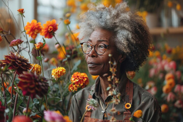 an elderly woman with gray hair standing among many bright flowers. She wears glasses and looks into the distance with a slight smile on her face 