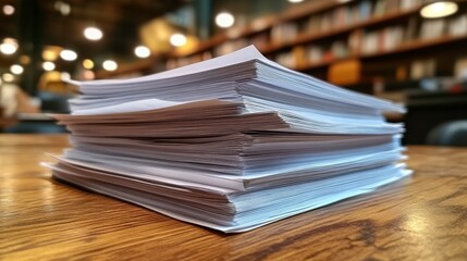 A stack of white papers on a wooden table in a library setting.