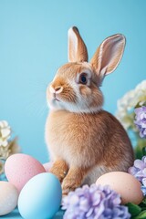 Fototapeta premium Lively bunny perched among eggs and flowers on a vibrant blue background, capturing the essence of Easter celebration.