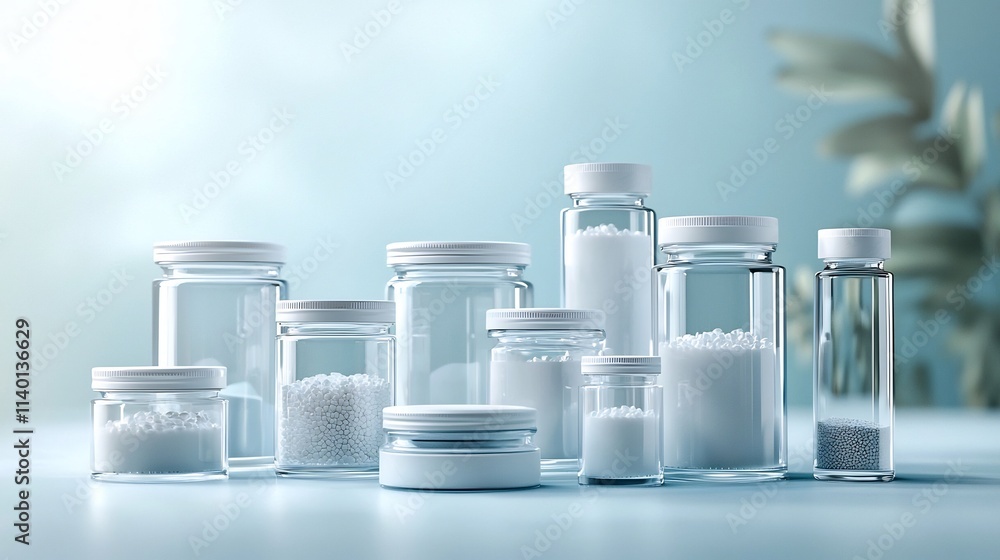 Poster neatly arranged composition of stackable glass measuring jars with lids displayed against a soft cle