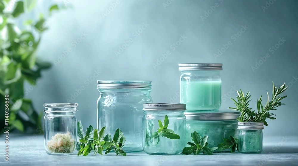 Poster a clean and detailed composition of stackable glass measuring jars with lids arranged in a neat and 