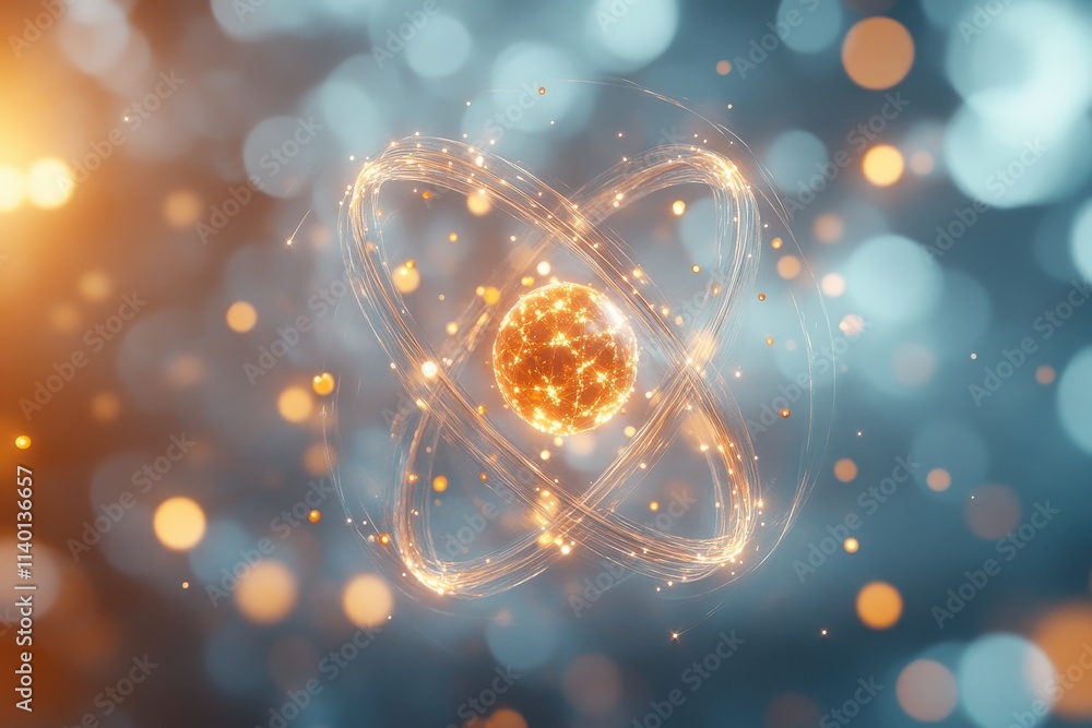 Poster abstract representation of an atom with glowing particles and a blurred background.