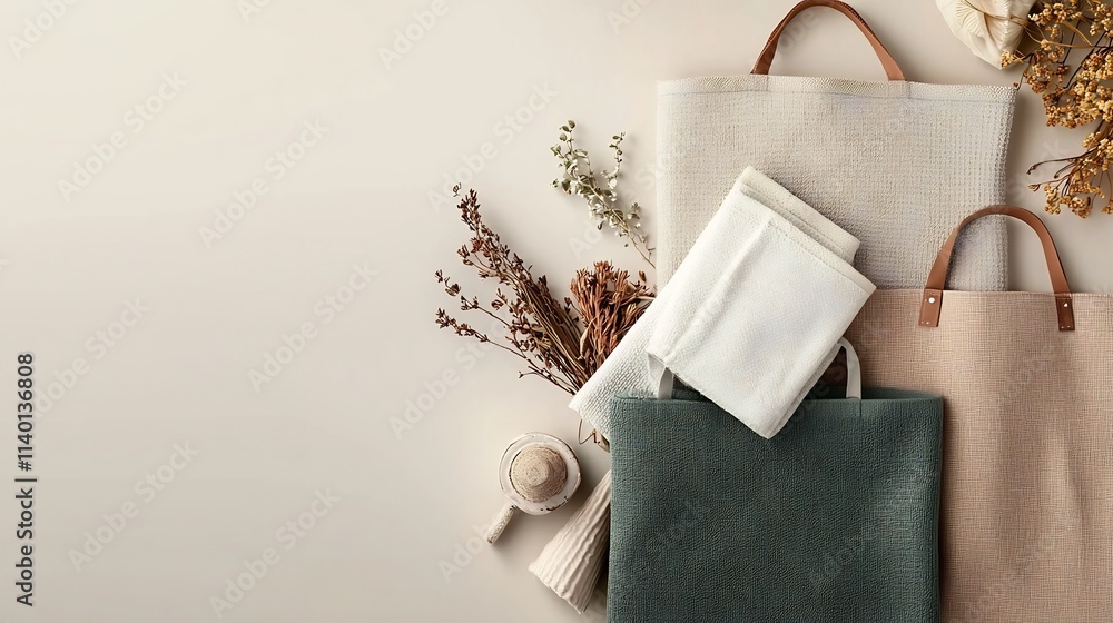 Poster Neatly arranged folded neutral colored kitchen towels and matching aprons in a clean minimalist design creating a cozy and inviting home decor accent