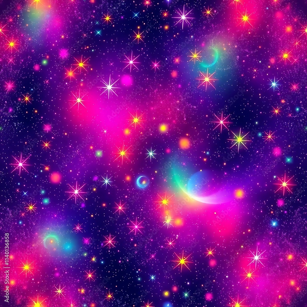 Poster cosmic nebula seamless pattern: vibrant, otherworldly textile design featuring a mesmerizing galaxy 