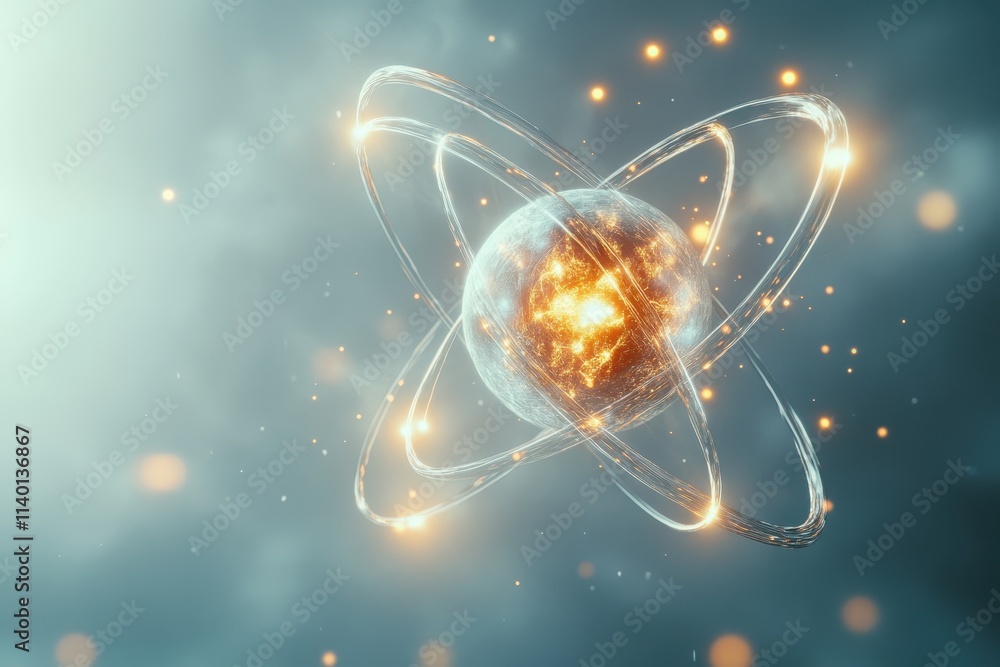 Poster a glowing atom model representing atomic structure and energy.
