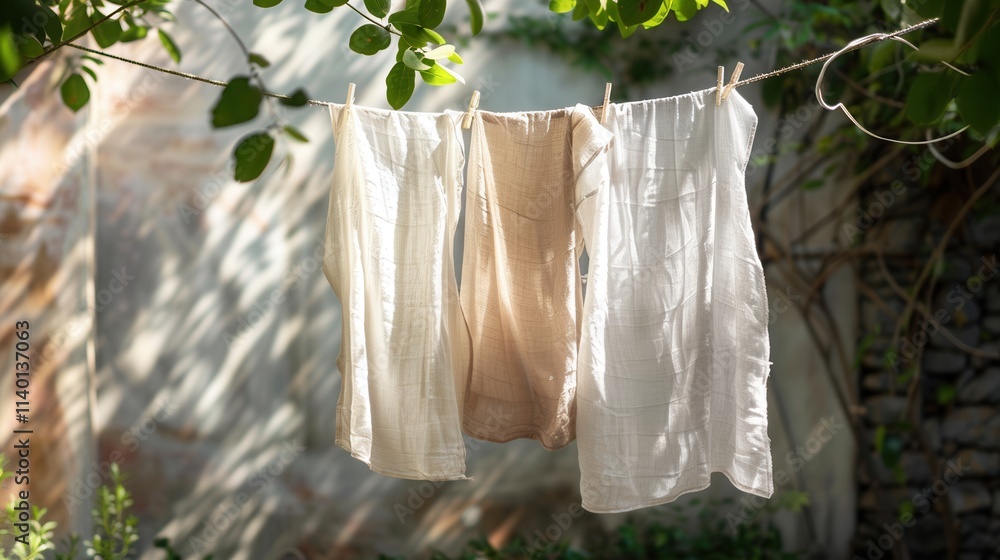 Poster freshly washed linen hanging on a clothesline in a serene outdoor setting on a sunny day. generative