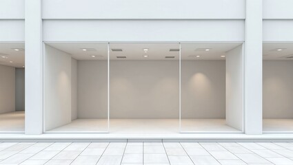 A minimalist white storefront with a clean facade, showcasing an empty space and modern design, exuding elegance and simplicity