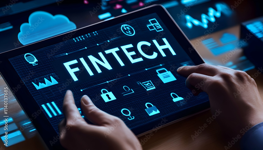 Aufkleber hands using a tablet displaying fintech on screen, surrounded by financial data and security icons. 