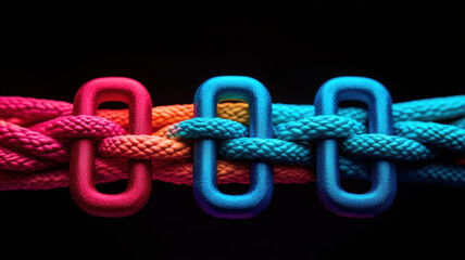 Colorful intertwined ropes with links create vibrant visual contrast. bright pink, orange, and blue colors enhance dynamic feel of image, symbolizing connection and unity