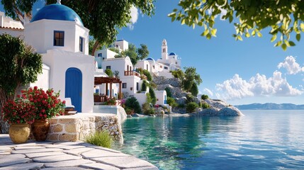Serene Coastal Village with Whitewashed Buildings and Blue Domes under Clear Sky