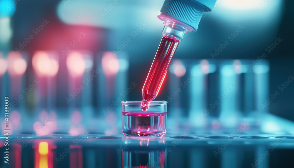 Poster precision liquid handling with robotic pipettes in laboratory setting, showcasing vibrant colors and