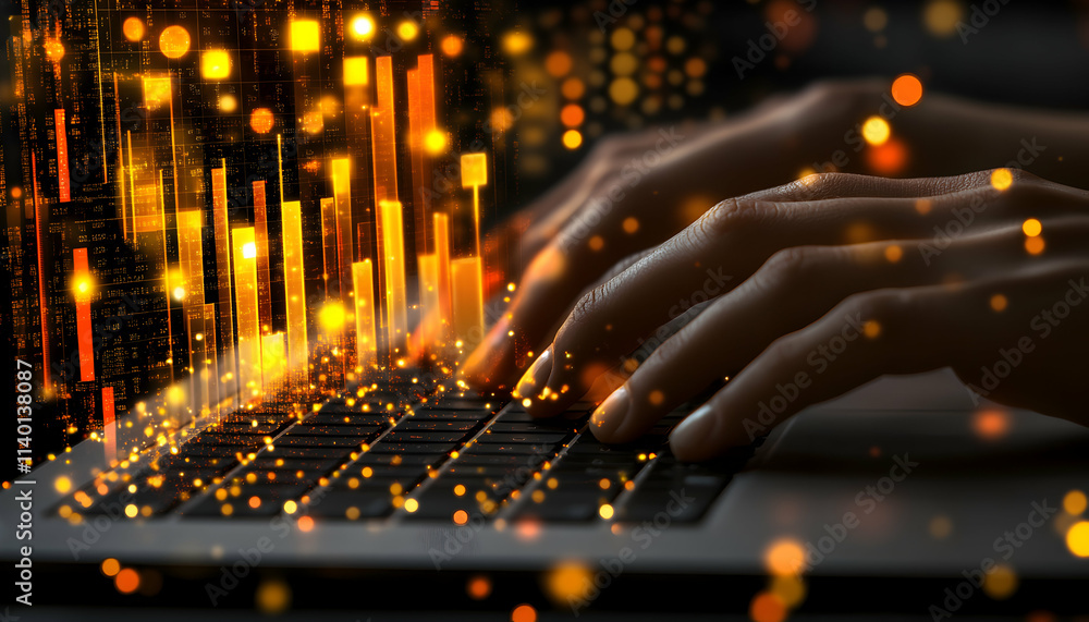 Poster hands typing on laptop keyboard with glowing data graphs and charts rising from the keys, symbolizin