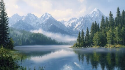 Fototapeta premium Serene Mountain Lake Surrounded by Lush Trees and Majestic Peaks under Clear Blue Sky