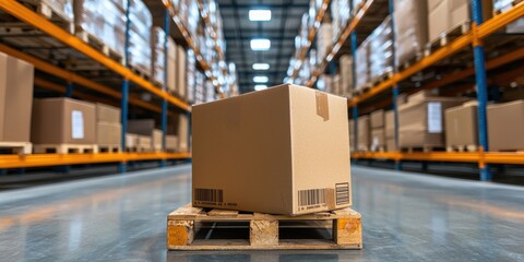 A focused box on a pallet in a spacious warehouse aisle filled with stacked boxes, emphasizing logistics and storage.