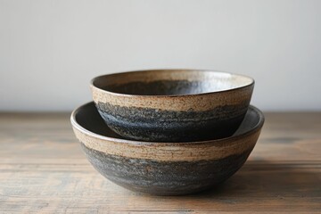 Two rustic ceramic bowls, stacked, wood surface.