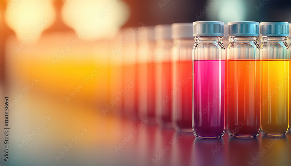 Poster rows of test tubes filled with vibrant solutions in various colors create visually striking display.