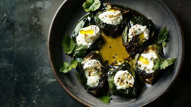A plate of stuffed grape leaves, drizzled with olive oil and served with a side of yogurt. Ramadan food