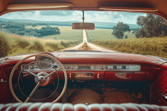 Interior of a vintage red car with a steering wheel and a view onto a rural road. - Powered by Adobe
