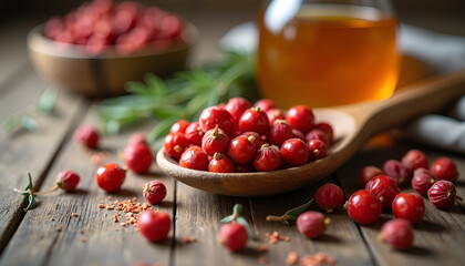 Red berries in a wooden spoon with honey and greenery on a rustic wooden table, dried rosehips, rosehip 