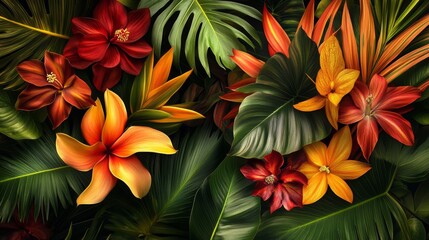 Fototapeta premium tropical plants, leaves, foliage, flowers, chrome, pattern, amazing, color symphony, golden ratio, background, 16:9