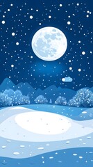 Starry sky, moonlight shining on the snowy ground, flat illustration style, simple background, cartoon style, vector graphics