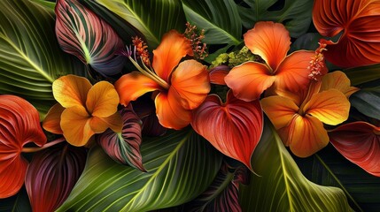 Obraz premium tropical plants, leaves, foliage, flowers, chrome, pattern, amazing, color symphony, golden ratio, background, 16:9