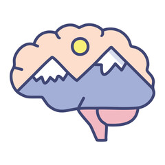 Mindful mountain view. Serene landscape inside a brain; symbolizes peace, mental clarity, and inner tranquility. Escape and explore.