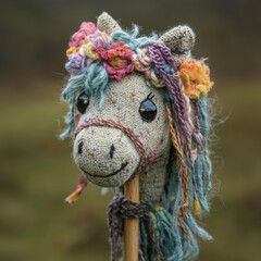 Naklejka premium Knitted horse head on stick. Hobby horsing