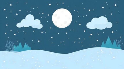 Starry sky, moonlight shining on the snowy ground, flat illustration style, simple background, cartoon style, vector graphics