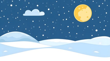 Starry sky, moonlight shining on the snowy ground, flat illustration style, simple background, cartoon style, vector graphics