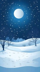 Starry sky, moonlight shining on the snowy ground, flat illustration style, simple background, cartoon style, vector graphics