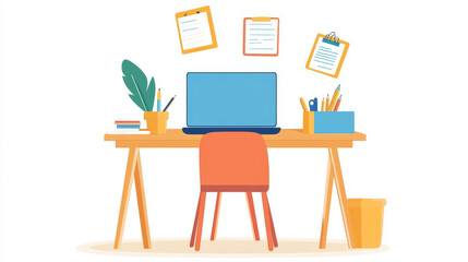 vibrant workspace featuring laptop, colorful stationery, and organized supplies creates inspiring atmosphere for productivity