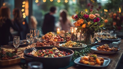 Fototapeta premium Elegant table setting for a festive gathering with delicious food and beautiful flowers under soft lights
