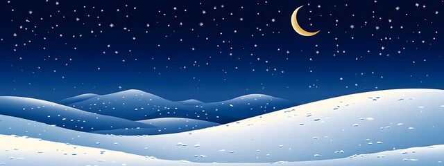Starry sky, moonlight shining on the snowy ground, flat illustration style, simple background, cartoon style, vector graphics